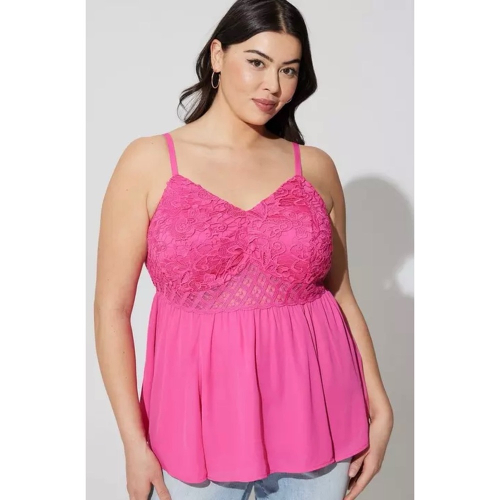 NWT TORRID | Bright Pink Babydoll‎ Georgette Lace Trim Cami Sz. 5 or a 5X